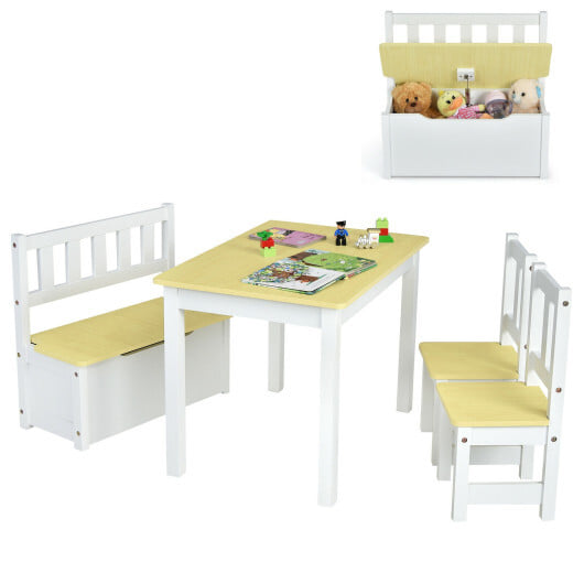4 Pieces Kids Wooden Activity Table and Chairs Set with Storage Bench and Study Desk-Gray - Image 6
