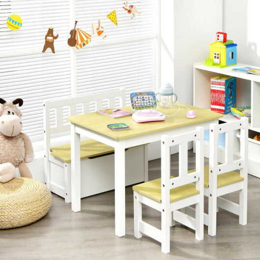 4 Pieces Kids Wooden Activity Table and Chairs Set with Storage Bench and Study Desk-Gray - Image 7
