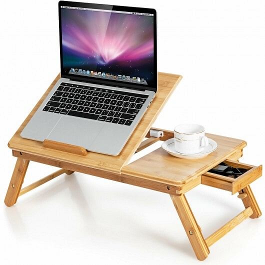 Adjustable Bamboo Laptop Desk with Tilting Top and Drawer-Brown