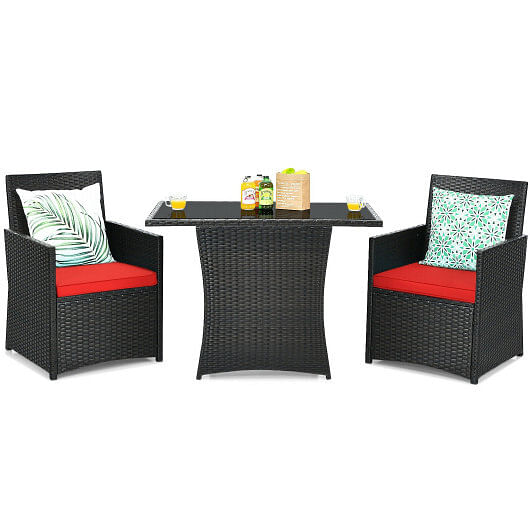 3 Pieces Patio Rattan Furniture Set with Cushion and Sofa Armrest-Red