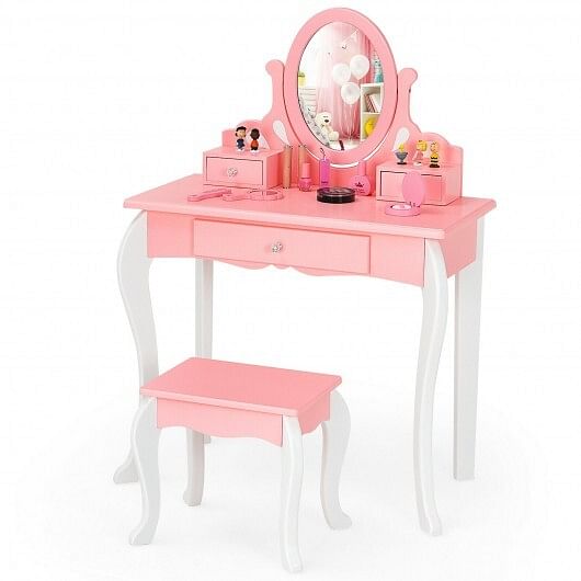 Kids Vanity Princess Makeup Dressing Table Stool Set with Mirror and Drawer-Pink