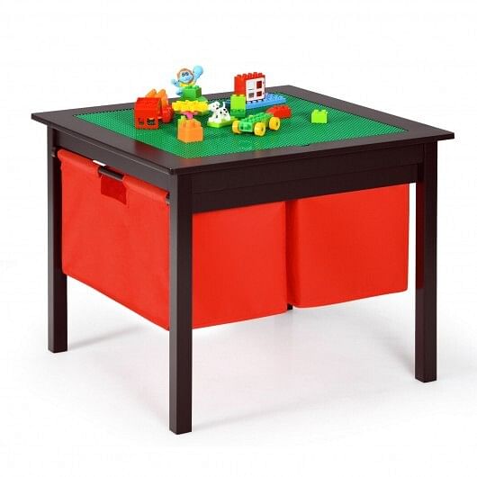 2-in-1 Kids Double-sided Activity Building Block Table with Drawers-Brown