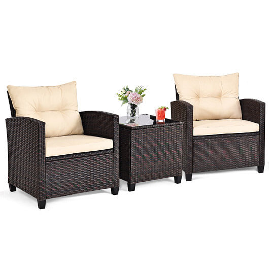 3 Pieces Patio Rattan Furniture Set with 4 Removable Cushions