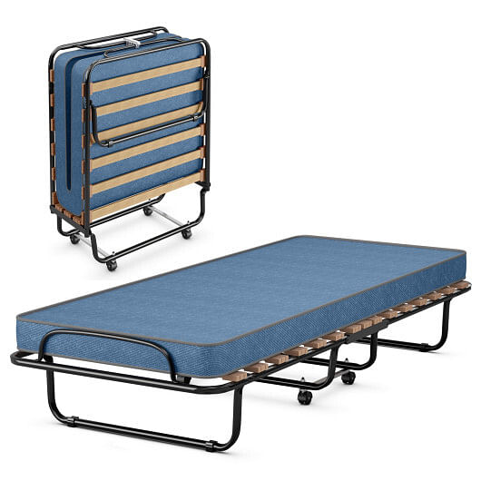 Portable Folding Bed with Memory Foam Mattress and Sturdy Metal Frame Made in Italy-Navy