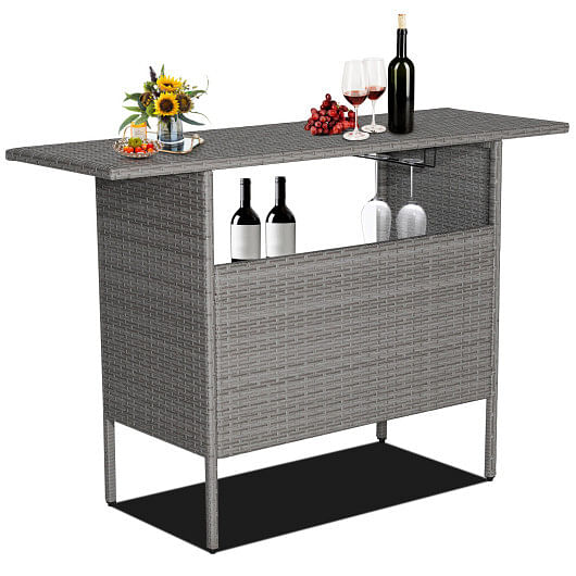 Outdoor Patio Wicker Bar Table with Metal Shelves