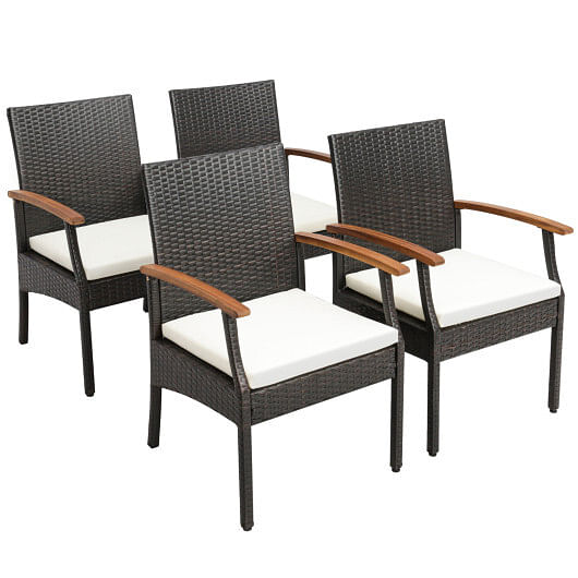 Set of 2/4 Outdoor PE Wicker Chair with Acacia Wood Armrests-Set of 2
