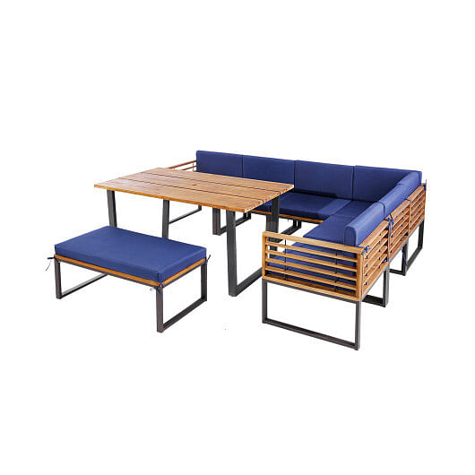 8 Pieces Patio Acacia Wood Dining Table Set with Ottoman Cushions-Navy