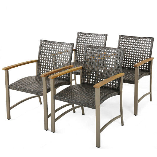 Set of 4 Patio Rattan Dining Chairs with Acacia Wood Armrests-Set of 4