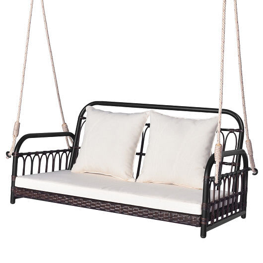 880LBS Wicker Hanging Porch Swing with Cushions-White