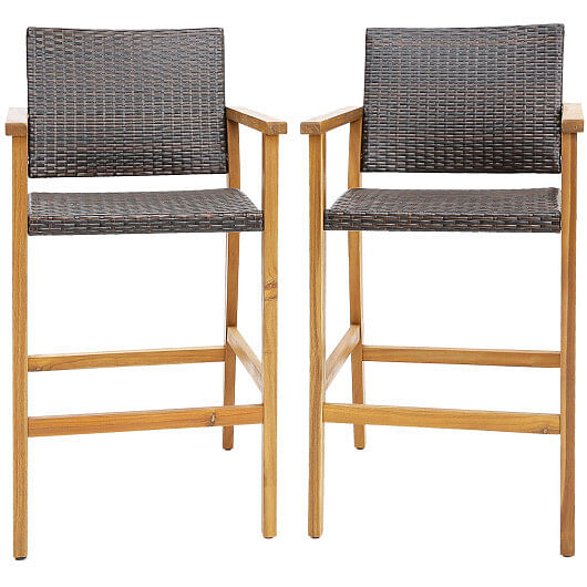 Set of 2 PE Wicker Patio Bar Chairs with Acacia Wood Armrests-Set of 2