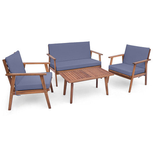 4 Piece Outdoor Acacia Wood Conversation Set with Soft Seat and Back Cushions-Gray