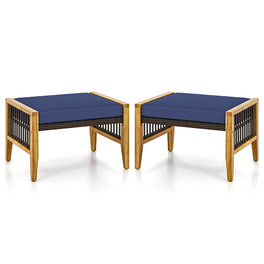 Patio Acacia Wood Ottomans with Cushions and Versatile Rattan Woven Footstools-Navy