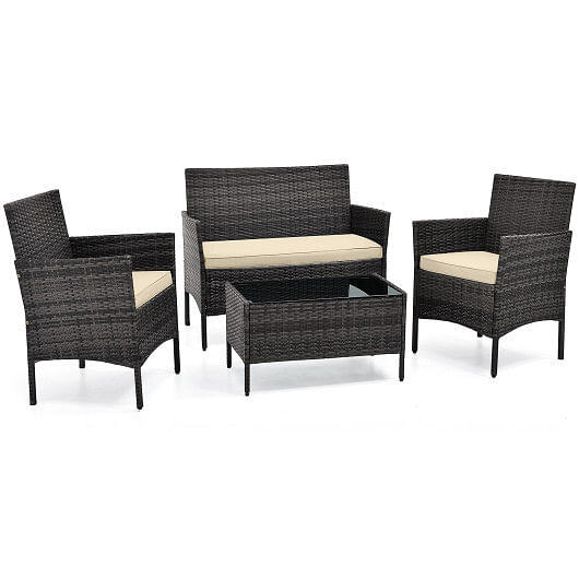 4 Piece Patio Rattan Conversation Set with Cozy Seat Cushions-Beige