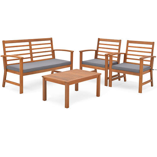 4 Pieces Outdoor Furniture Set with Stable Acacia Wood Frame-Gray