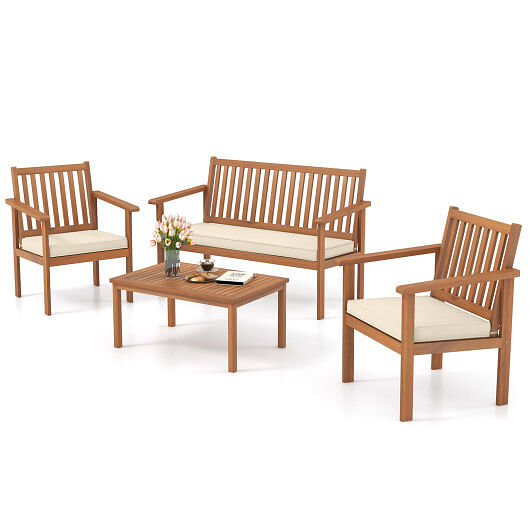 4 Piece Patio Wood Furniture Set Acacia Wood Sofa Set with Loveseat-Gray