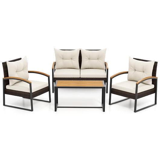 4 Pieces Patio Conversation Set with Acacia Wood Armrests and Tabletop and Cushions-White