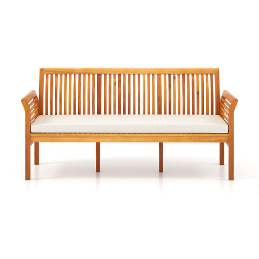 62.5 Inches Patio 3-Seat Wood Bench with Soft Seat Cushions-White