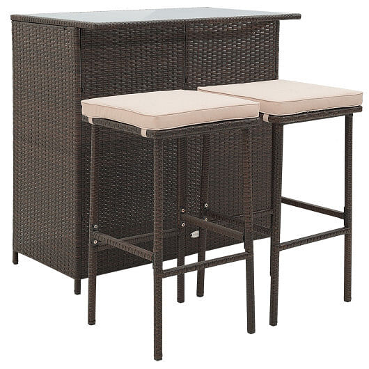 3 Pcs Patio Bar Set with Tempered Glass Tabletop-Brown