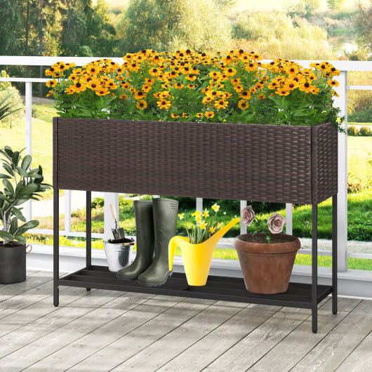Wicker Raised Garden Bed with Storage Shelf and Drainage Gaps for Flowers - Image 2