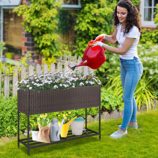 Wicker Raised Garden Bed with Storage Shelf and Drainage Gaps for Flowers - Image 3
