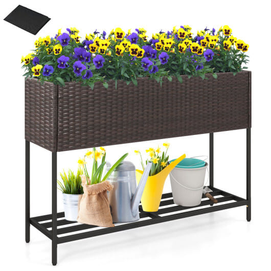 Wicker Raised Garden Bed with Storage Shelf and Drainage Gaps for Flowers - Image 4