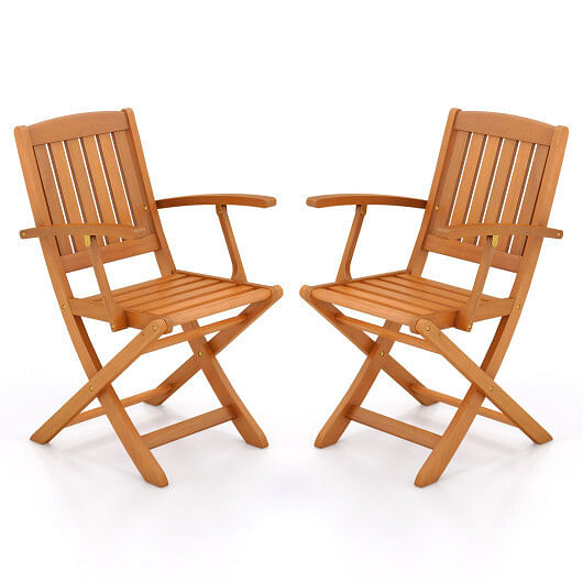 Patio Wood Folding Chair Set of 2 with Armrests and Slatted Seat