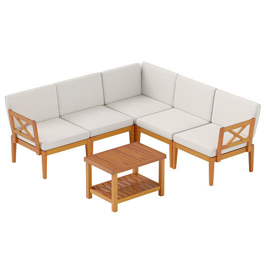 6 Pieces Acacia Wood Patio Furniture Set with Cushions and 2-Tier Coffee Table-White