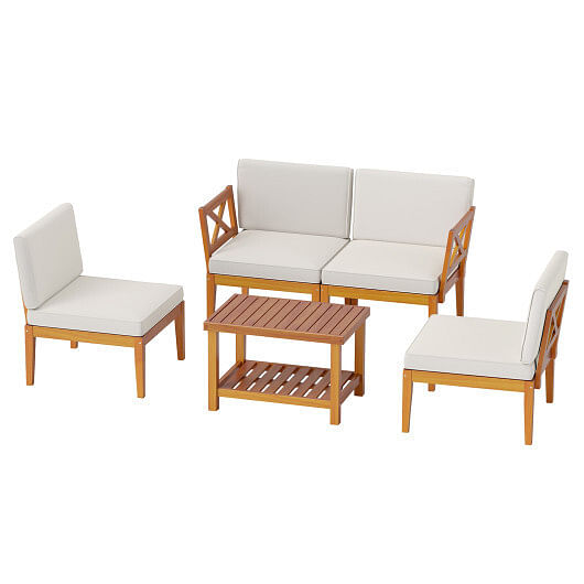 5 Pieces Acacia Wood Patio Furniture Set Outdoor Sectional Conversation Set with Cushions-Off White