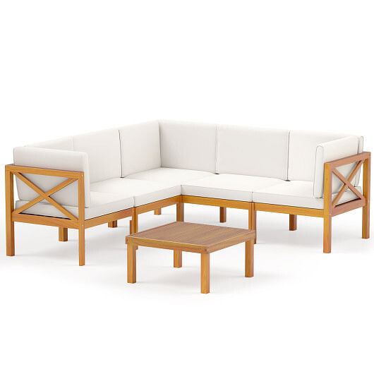 Outdoor 6 Pieces Acacia Wood Patio Sectional Furniture Set-Off White