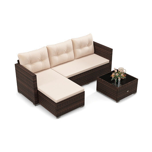 4 Seats Outdoor Wicker Furniture Set with Tempered Glass Coffee Table and Soft Cushions-Beige