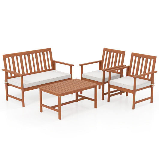 4 Pieces Acacia Wood Furniture Set with Seat Cushions and Robust Wood Frame-White
