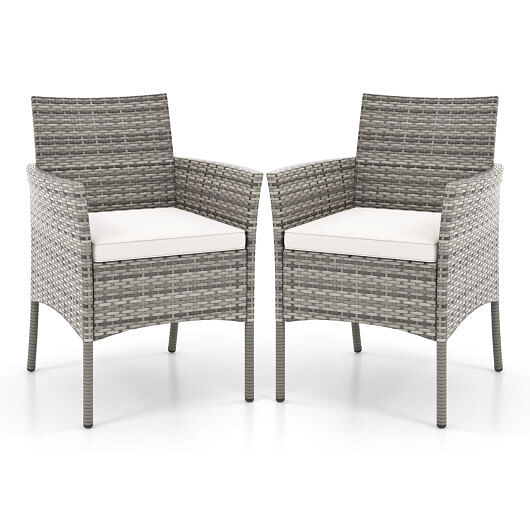 2 Pieces Outdoor PE Rattan Armchairs with Cozy Seat Cushions-White