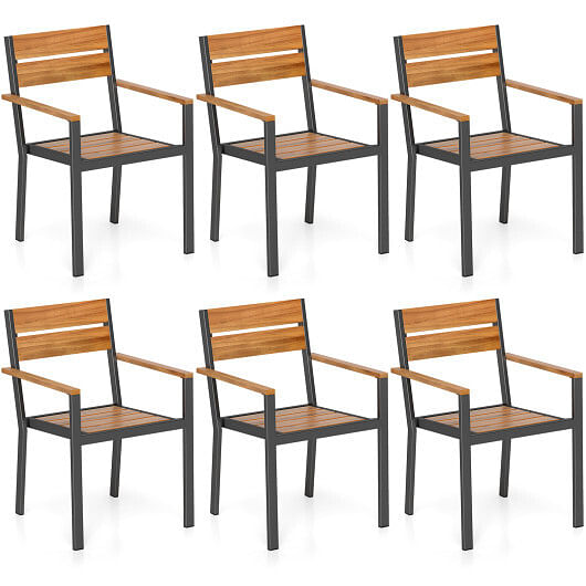 Outside Patio Dining Chair set of 6 with Acacia Armrest for Backyard Garden