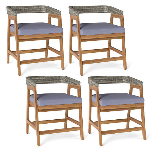 Outdoor Acacia Wood Patio Wicker Dining Chairs Set of 4 with Seat Cushion-Gray