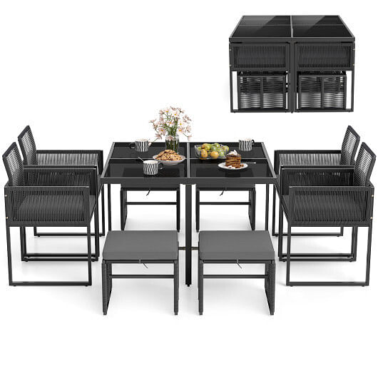9 Pieces Patio Dining Set with Cushions for Yard Garden-Gray