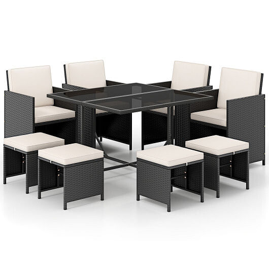 9 Piece Patio Dining Set with Tempered Glass Table and Ottoman-White