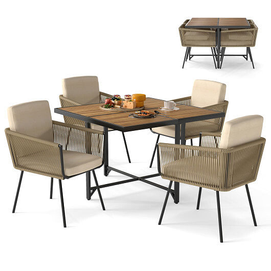 5 Pieces Patio Dining Set with Acacia Wood Tabletop