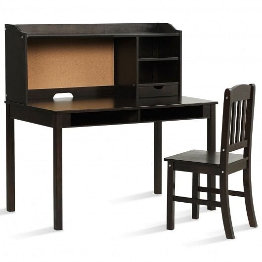 Kids Desk and Chair Set Study Writing Desk with Hutch and Bookshelves-White