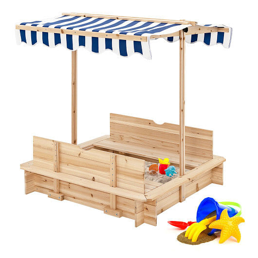 Kids Wooden Sandbox with Canopy and Bench Seats