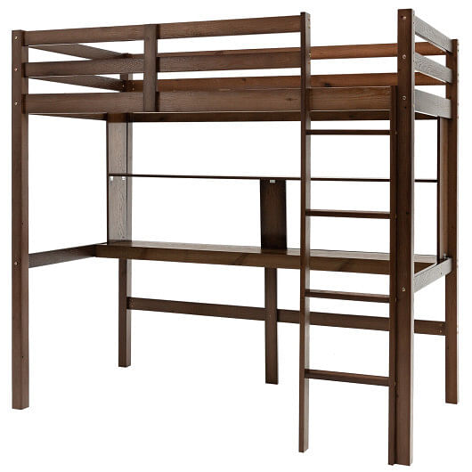 Twin Size Solid Wood Slatted Loft Bed Frame with Safety Guardrail for Kid-Brown