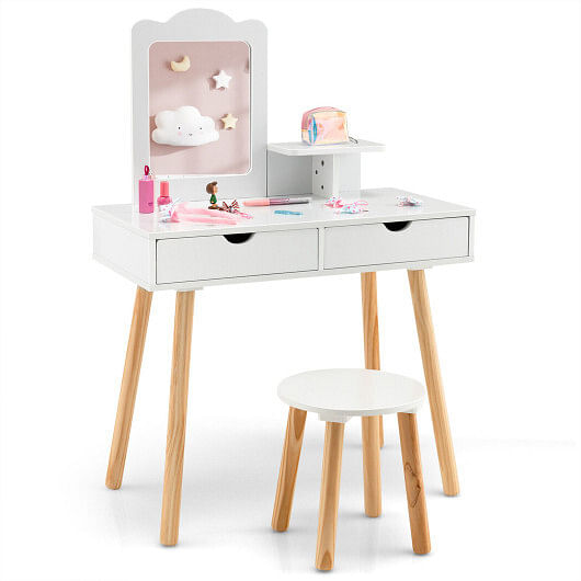 Kid Vanity Table Chair Set with Mirror and 2 Large Storage Drawers-White