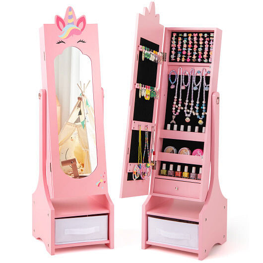 Kids Jewelry Cabinet with Full-Length Mirror for Kids Bedroom and Playroom-Pink