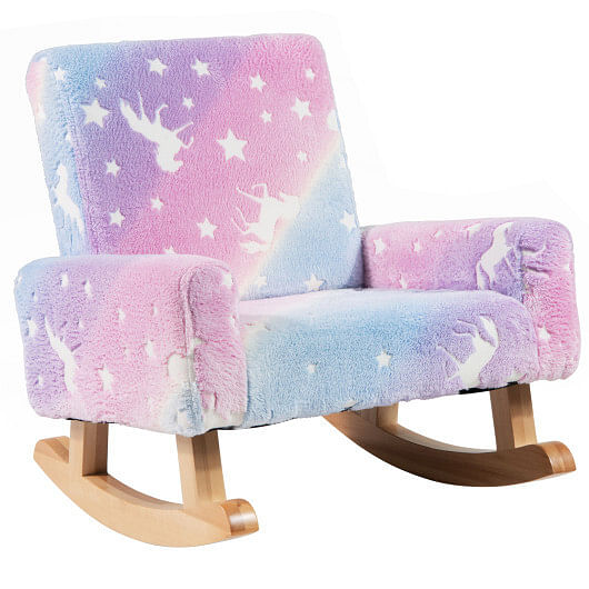 Kids Rocking Chair Upholstered Flannel Children Rocker with Solid Poplar Wood Rocking Feet-Pink