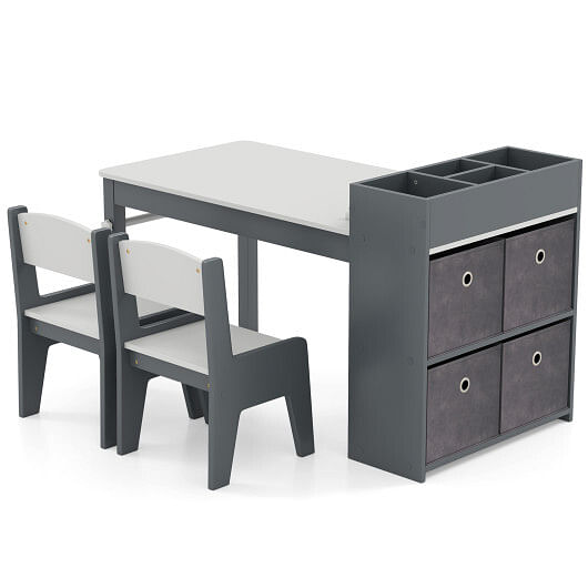 Kids Art Table and Chairs Set with 2 Chairs and Paper Roll-Gray