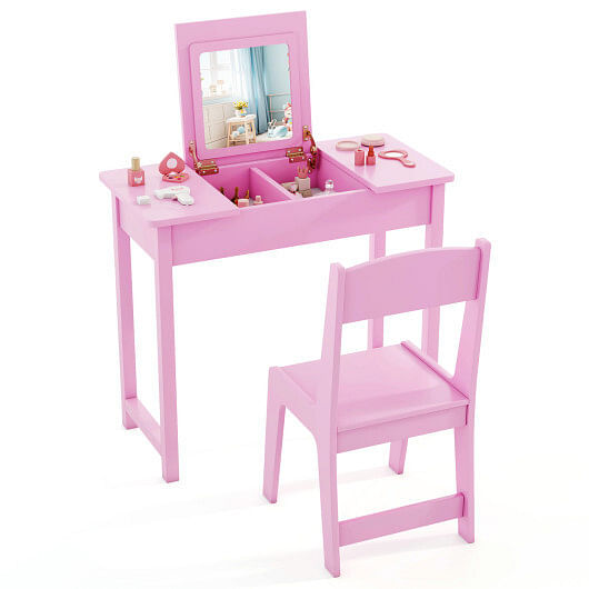 2-in-1 Kids Vanity Makeup Table and Chair Set with Flip Top Mirror-Pink