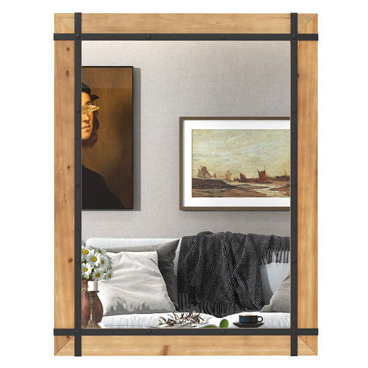 30 x 40 Inch Wall Mounted Mirror with Fir Wood Frame-Natural