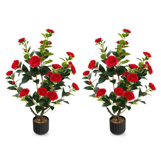 38 Inch Artificial Camellia Tree Faux Flower Plant in Cement Pot 2 Pack-Red