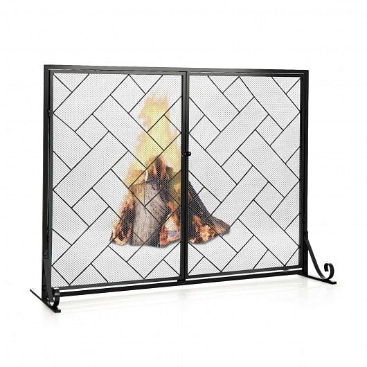 3-Panel Folding Wrought Iron Fireplace Screen with Doors and 4 Pieces Tools Set-Golden