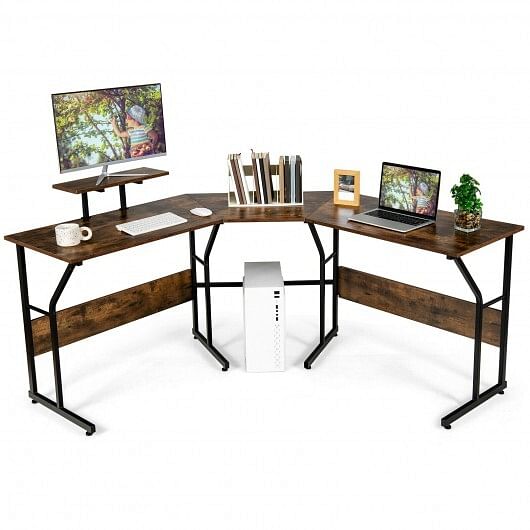 88.5 Inch L Shaped Reversible Computer Desk Table with Monitor Stand-Black