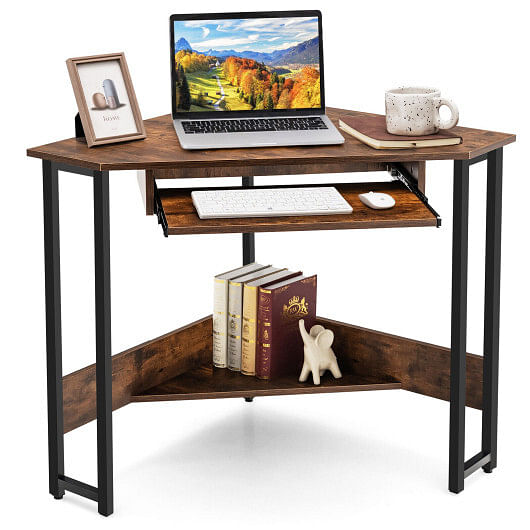 Triangle Corner Desk with Charging Station Keyboard Tray and Storage Shelf-Rustic Brown